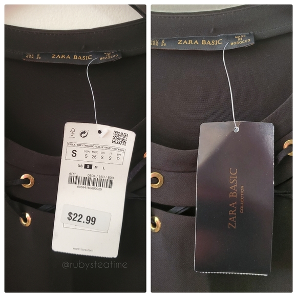 ZARA Criss Cross / Cut Out Neckline, Black Shift Dress with Gold/Brass Hardware - Picture 7 of 7